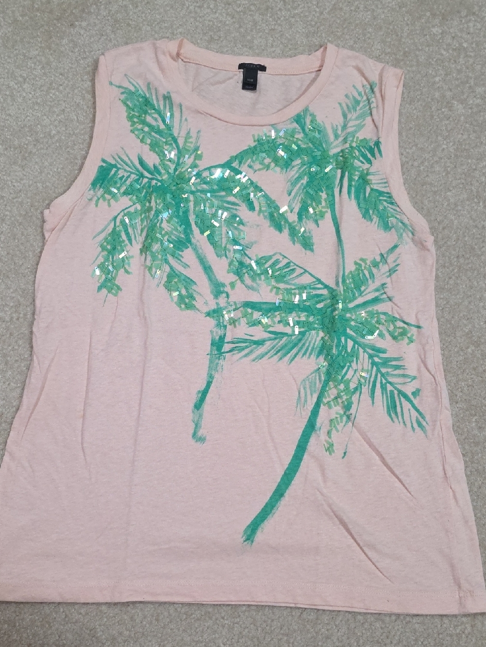 Sleeveless Peach Palm-Print Tank Top with Sequin Detail